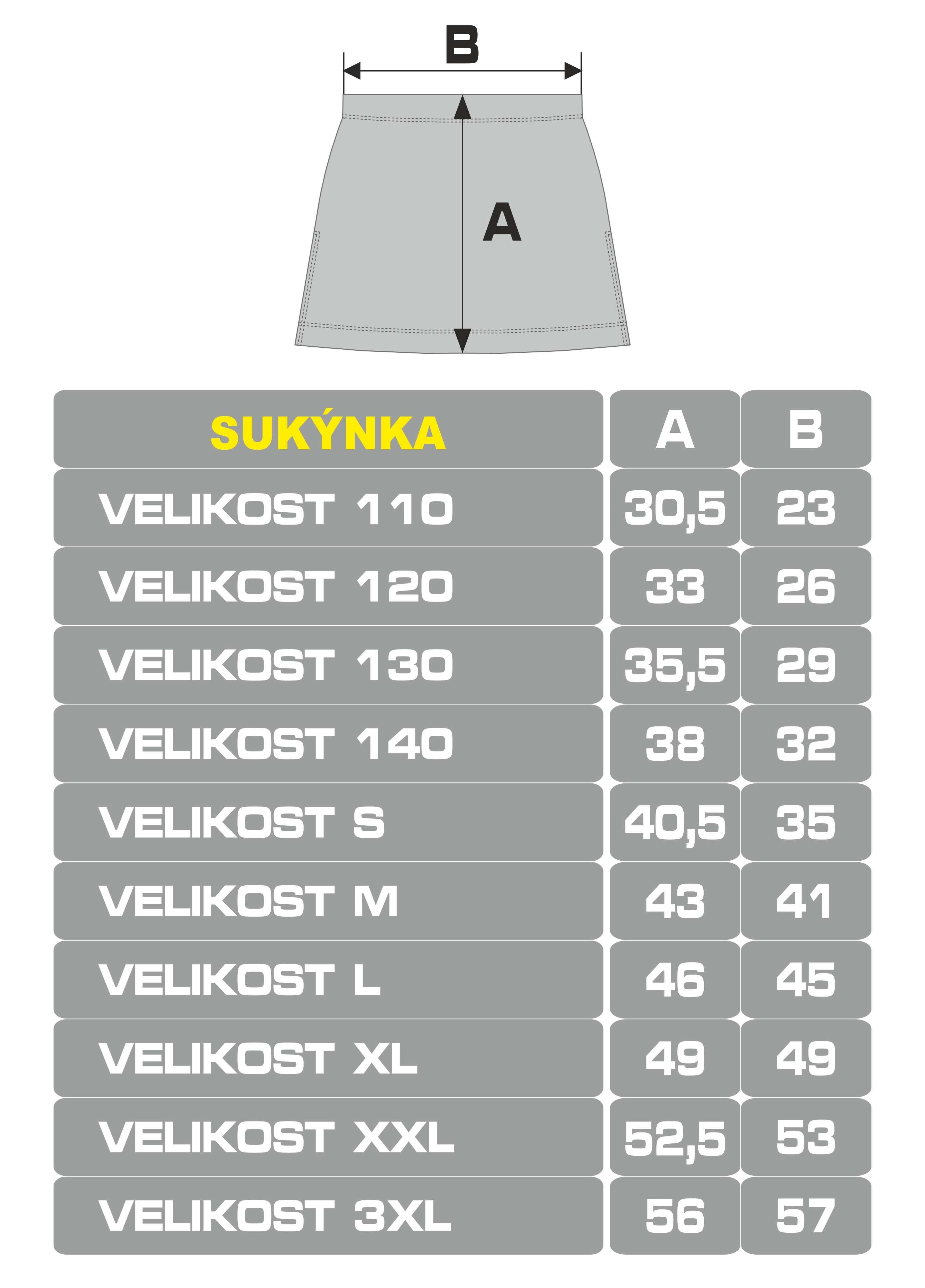 Florbalová sukýnka Bison Sportswear - velikostní tabulka.